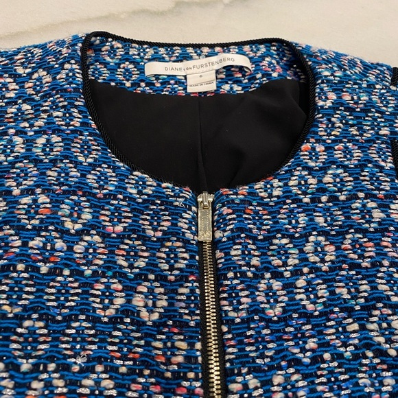 DVF Diane Von Furstenberg Jacket Size 6 Blue White Black Metallic - Picture 2 of 15
